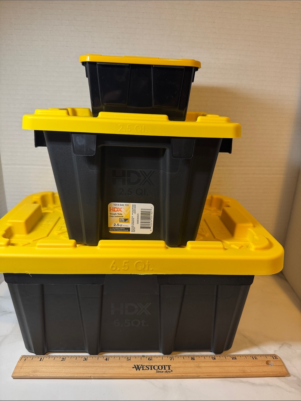 Black Storage Bins with Yellow Lid - Durable Stackable Organizer- New